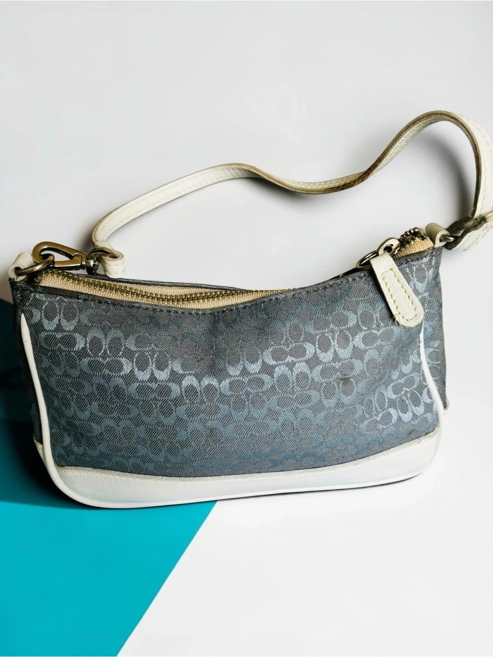Coach Gray-Blue Signature Jacquard Shoulder Bag with White Trim